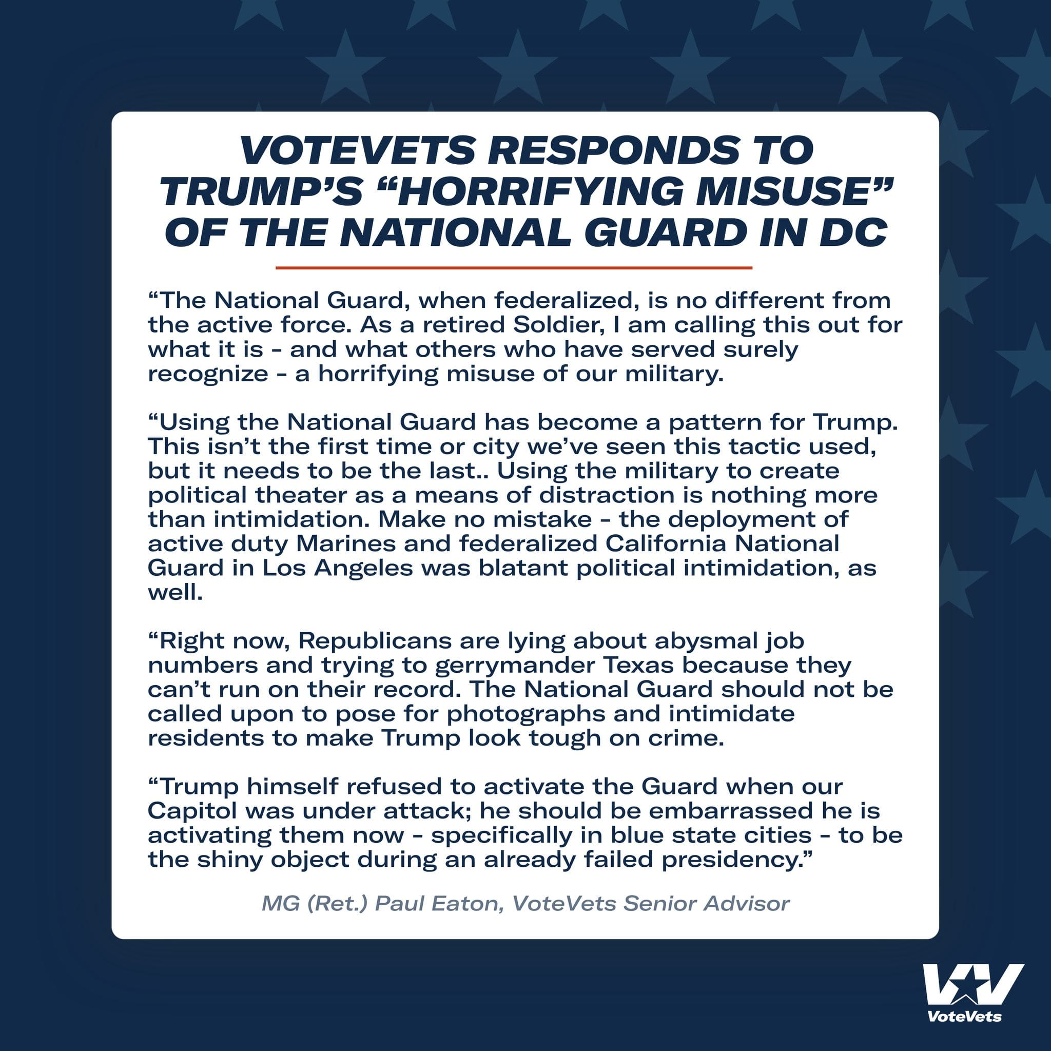 Image of VoteVets statement about the deployment of National Guard in DC