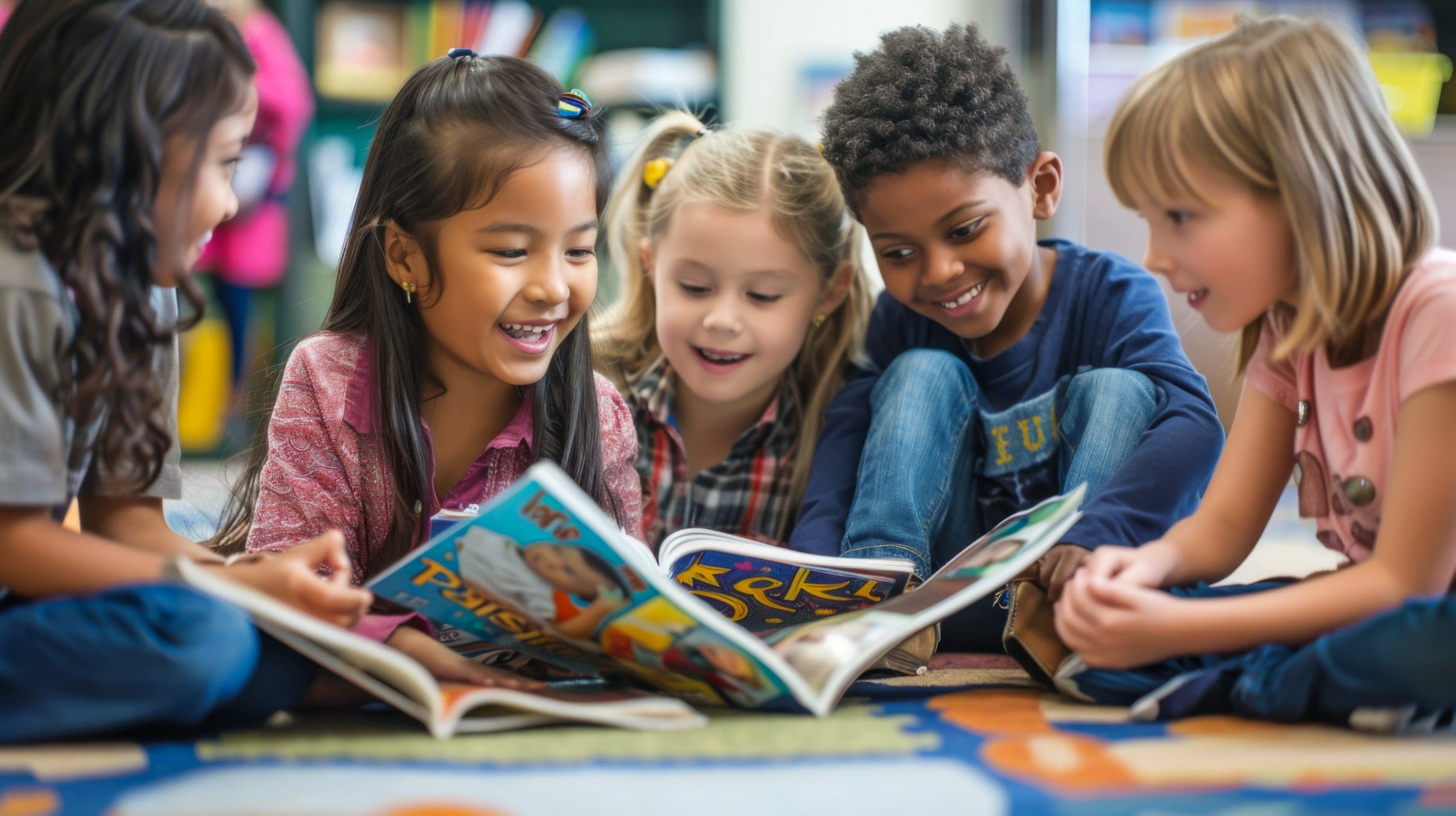 Small group of children reading a book