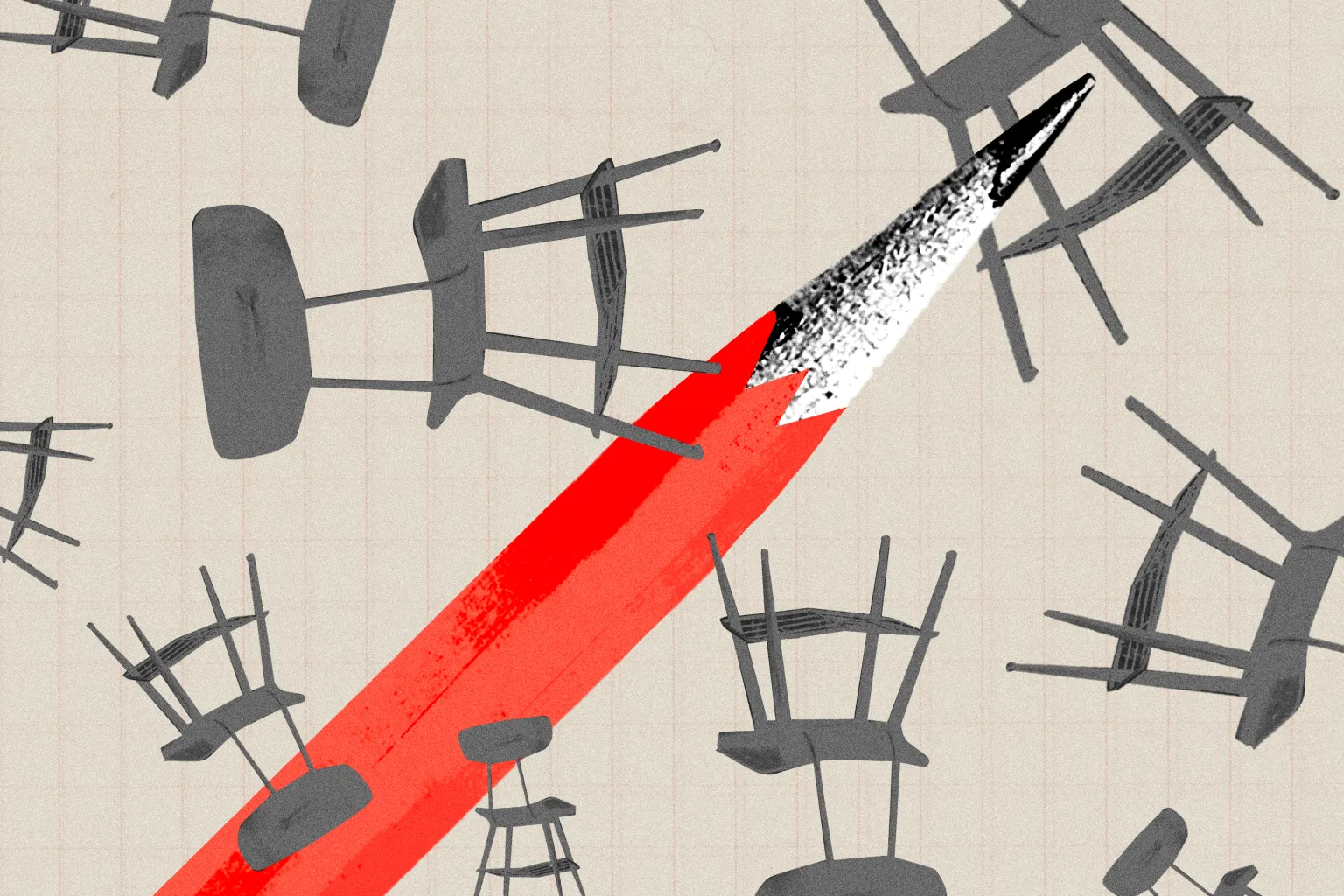 School chairs chaotically spaced around the background. A sharpened pencil in the foreground.