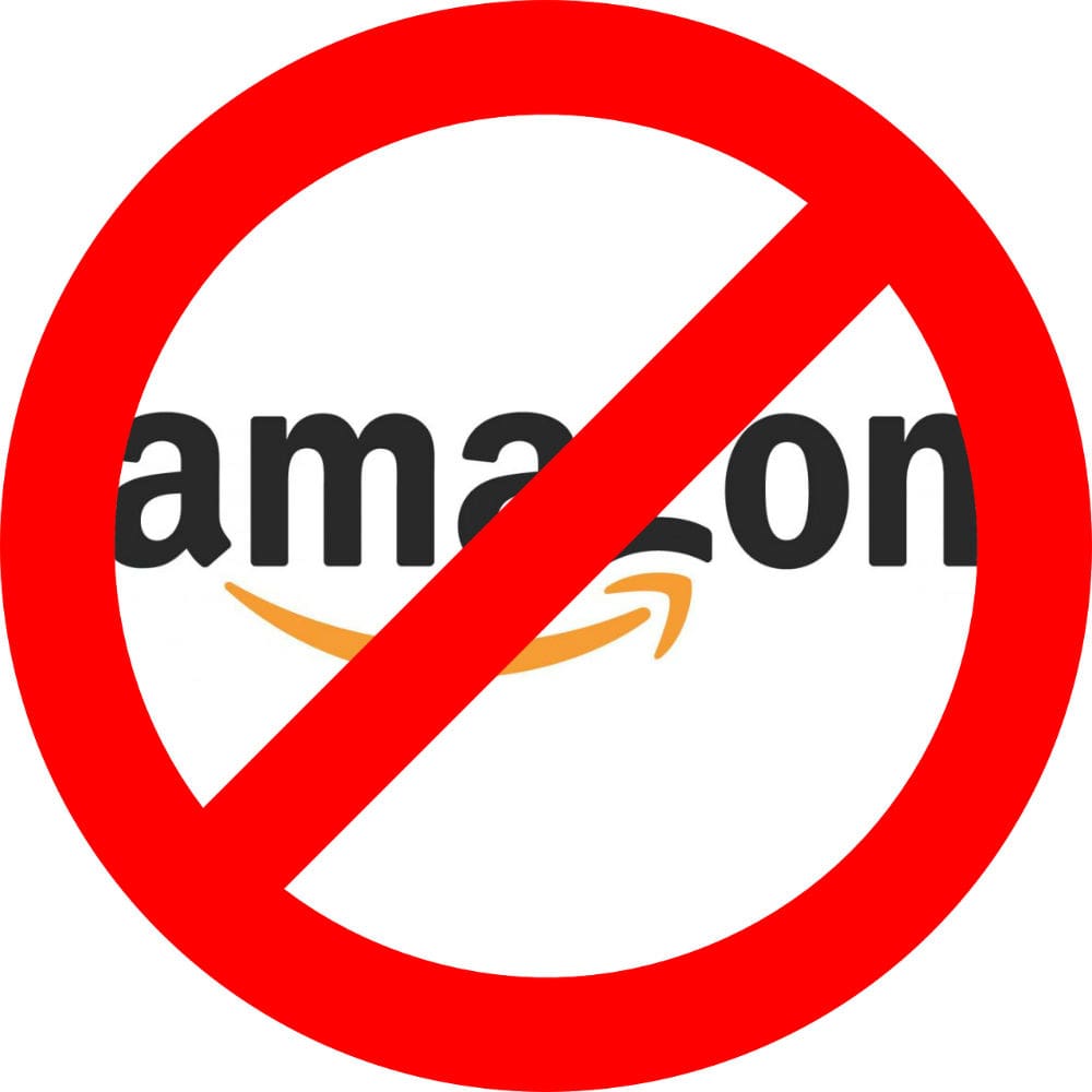 Amazon logo inside the 'ban' circle.