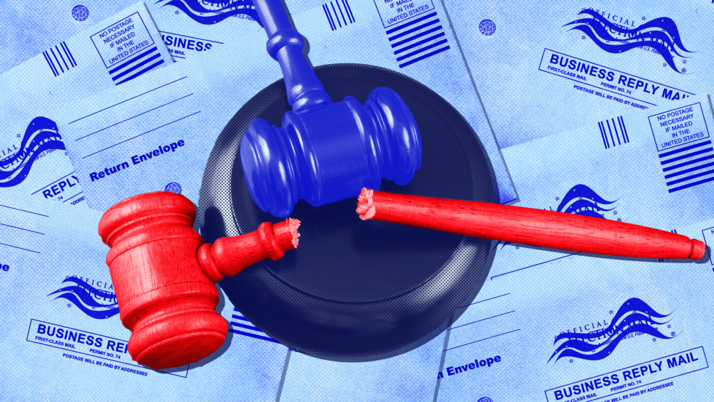 A blue gavel and a broken red gavel against a background of mail-in ballots