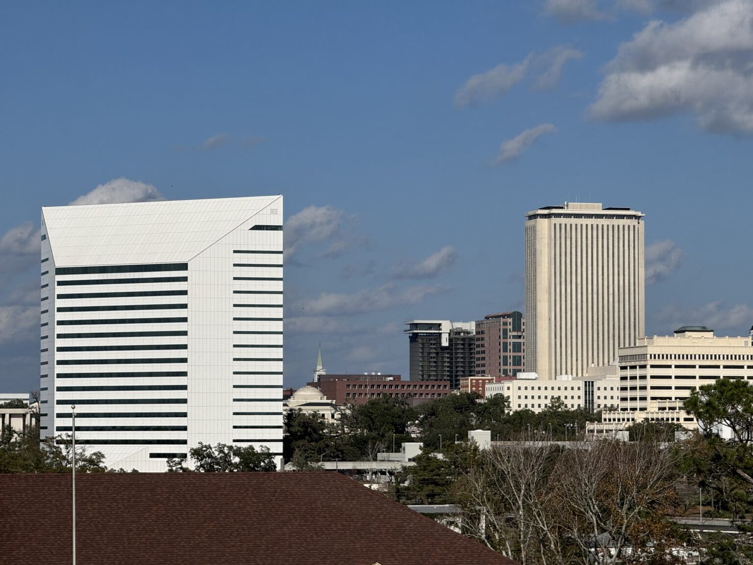 The Turlington Building, which houses the Florida Department of Education, stands in the foreground, with the Tallahassee skyline, including the Capitol building, beyond. Photo taken from the FAMU campus .
