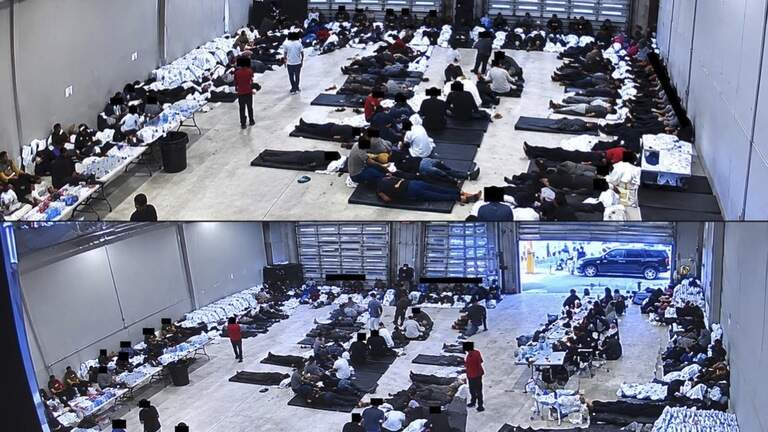 People packed into an ICE facility, sleeping shoulder to shoulder on the fllor